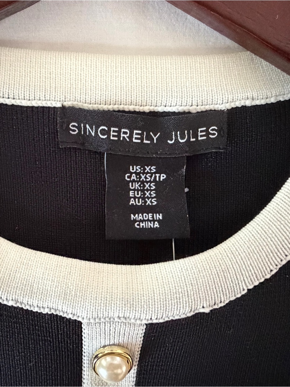 Sincerely Jules Black Mini knit Dress with Ivory/Cream Trim & Gold/Pearl Buttons - Picture 3 of 3